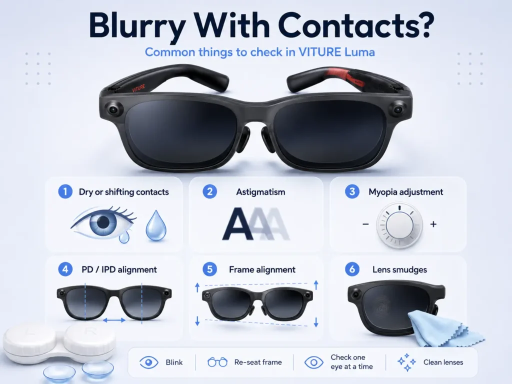Can You Wear Contact Lenses With VITURE Luma? Contacts vs Prescription Inserts 2 Checklist illustration of possible reasons VITURE Luma text can look blurry while wearing contacts.