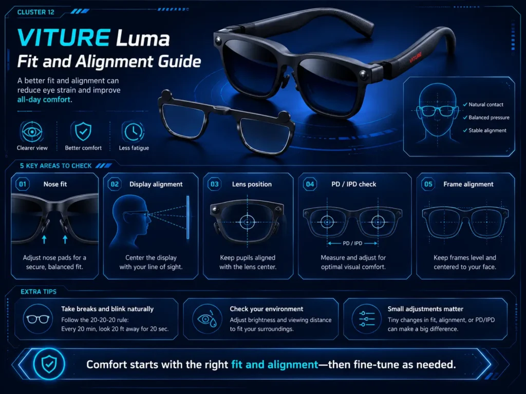 VITURE Luma Eye Strain or Headache? Vision Comfort Checks to Try First 2 Diagram showing how VITURE Luma fit, frame alignment, and PD/IPD can affect comfort