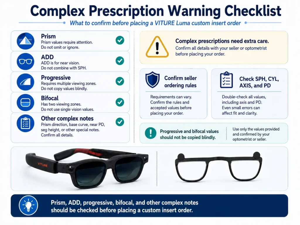 Can You Use Progressive or Bifocal Prescriptions With VITURE Luma? 3 Warning checklist for prism, ADD, progressive, bifocal, and complex prescription notes for VITURE Luma