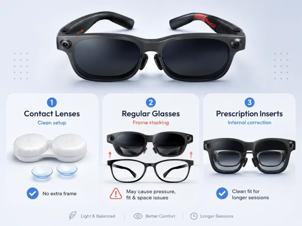 Can You Wear Contact Lenses With VITURE Luma? Contacts vs Prescription Inserts 1 Comparison diagram showing contact lenses, regular glasses, and prescription inserts for VITURE Luma users.