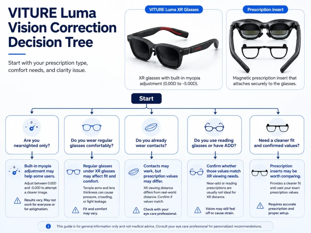 VITURE Luma Vision Correction Options: Myopia Adjustment, Glasses, Contacts, or Inserts? 2 Decision tree for choosing VITURE Luma myopia adjustment, glasses, contacts, or prescription inserts