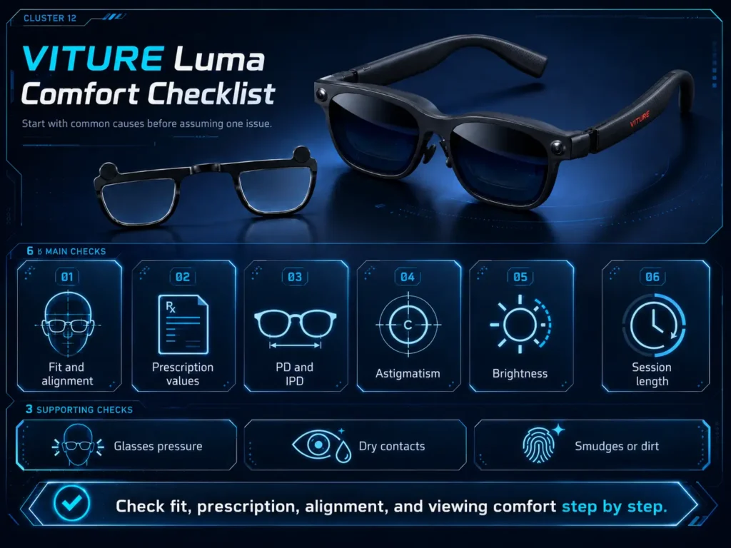 VITURE Luma Eye Strain or Headache? Vision Comfort Checks to Try First 1 Troubleshooting checklist for VITURE Luma eye strain, headache, blurry text, and visual discomfort