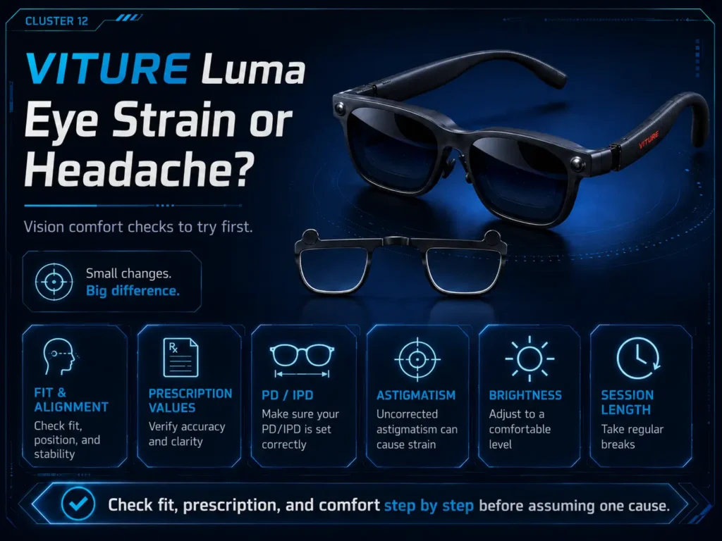 VITURE Luma eye strain and headache comfort checks guide showing fit, PD IPD, prescription values, brightness, and session length