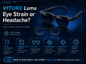 VITURE Luma eye strain and headache comfort checks guide showing fit, PD IPD, prescription values, brightness, and session length