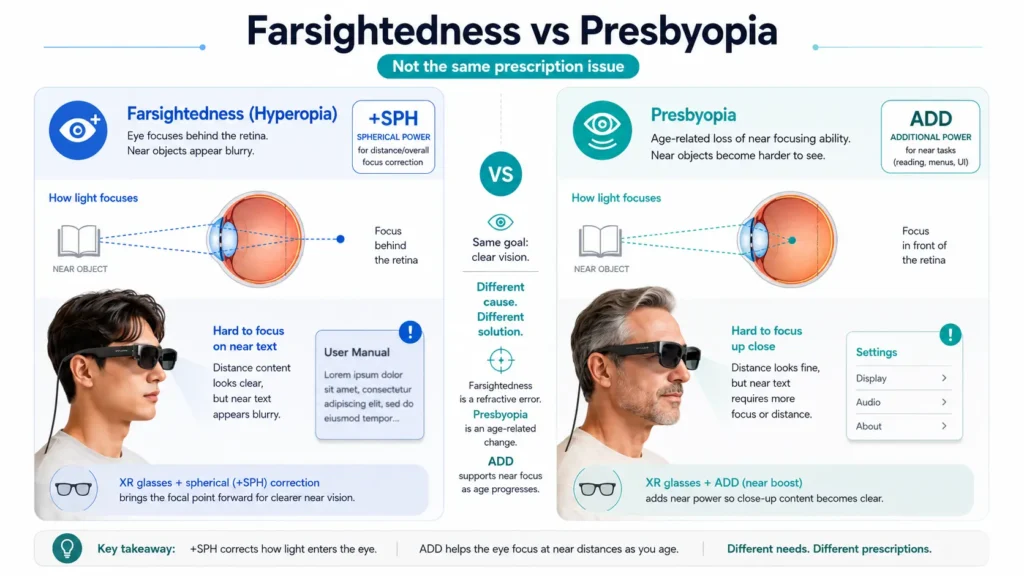 Does VITURE Luma Work With Farsightedness or Presbyopia? +SPH, ADD, and Reading Glasses 1 Diagram comparing farsightedness and presbyopia for VITURE Luma users