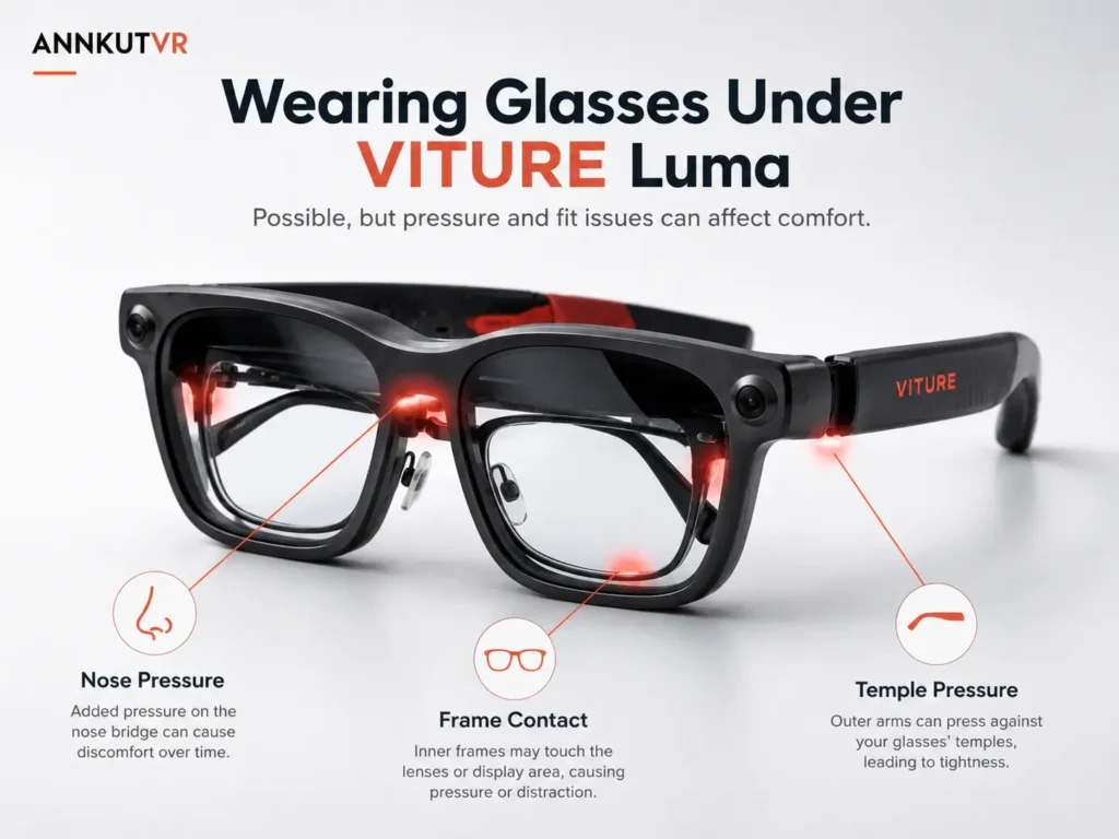 Can You Wear Glasses Under VITURE Luma? Comfort, Fit, and Better Options 1 Diagram showing fit pressure when wearing regular glasses under VITURE Luma XR glasses.