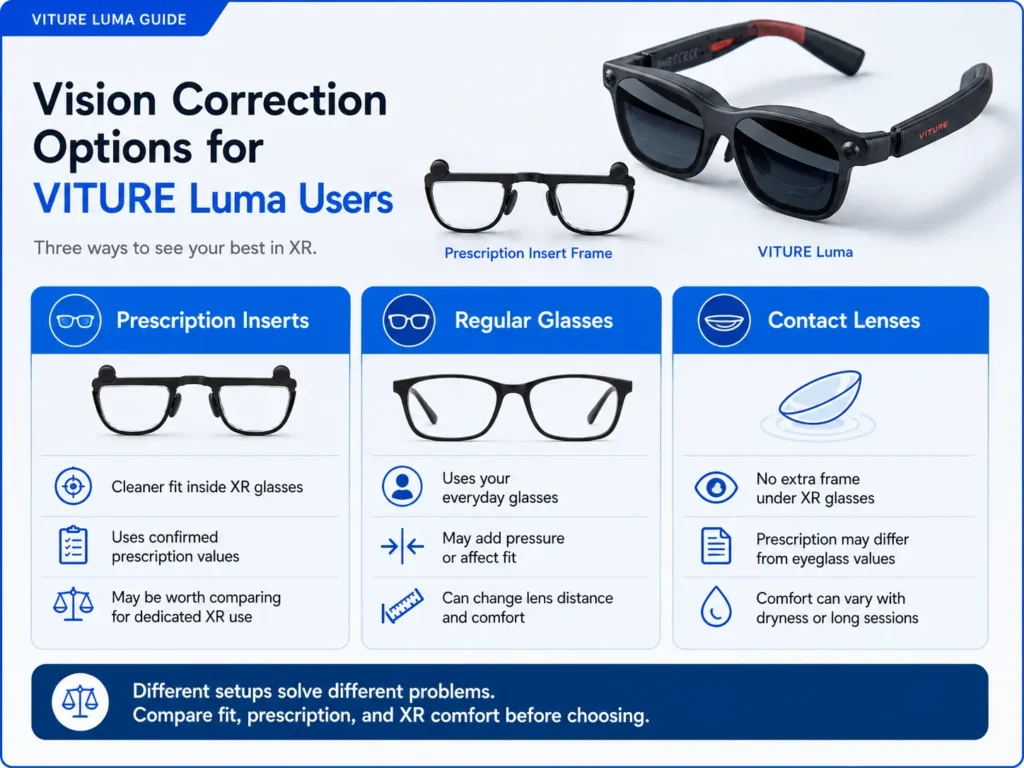 VITURE Luma Vision Correction Options: Myopia Adjustment, Glasses, Contacts, or Inserts? 3 Diagram comparing prescription inserts, regular glasses, and contact lenses for VITURE Luma users