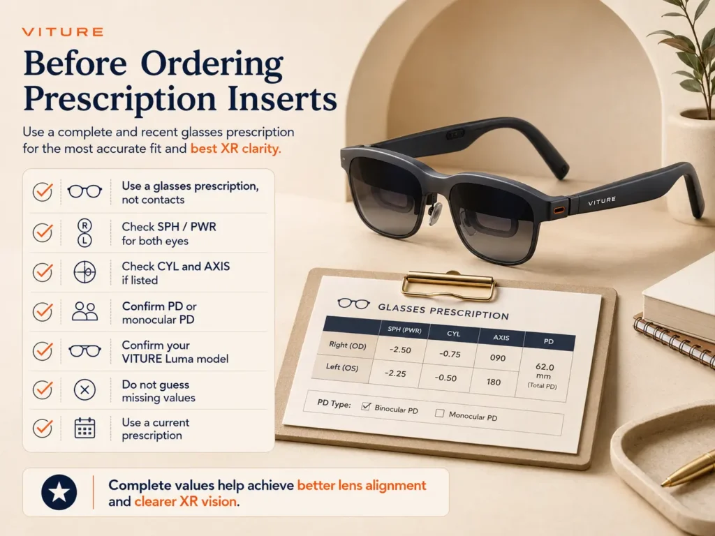How to Read Your VITURE Luma Prescription: SPH, CYL, AXIS & PD Explained 3 Checklist before ordering VITURE Luma prescription inserts with SPH CYL AXIS and PD