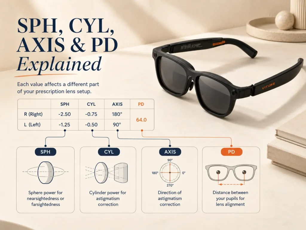 How to Read Your VITURE Luma Prescription: SPH, CYL, AXIS & PD Explained 1 Diagram explaining SPH CYL AXIS and PD values for VITURE Luma prescription lenses
