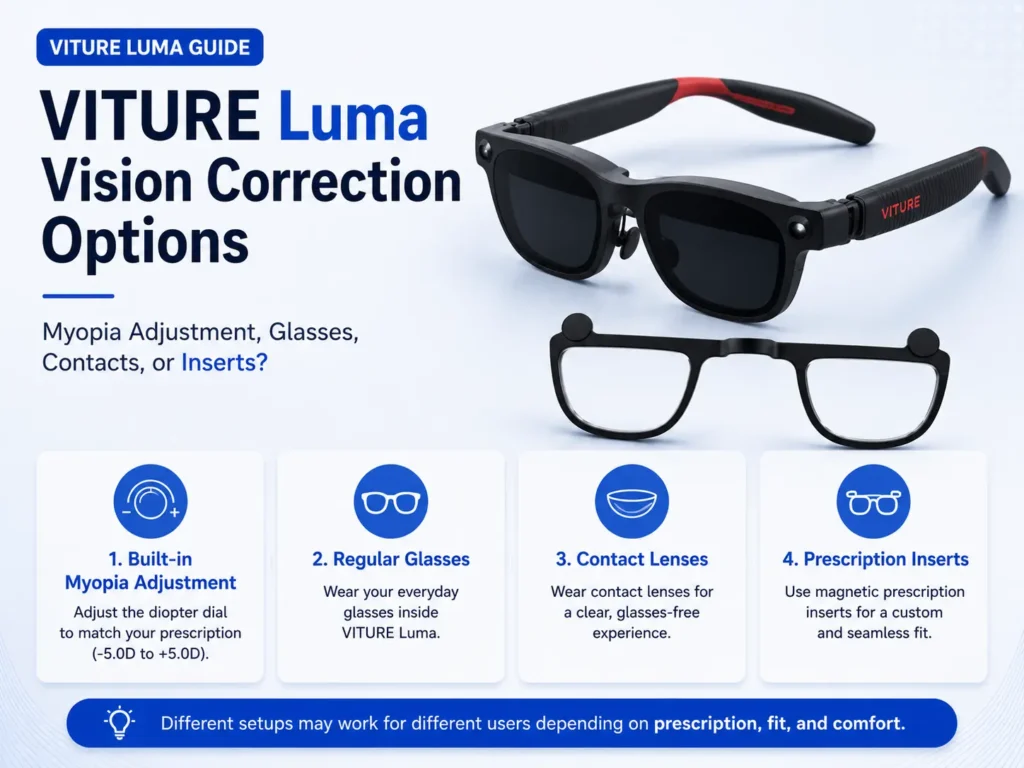 VITURE Luma vision correction options guide showing myopia adjustment, regular glasses, contact lenses, and prescription inserts