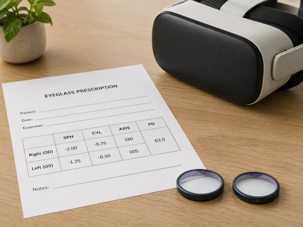 Eyeglass prescription showing SPH, CYL, AXIS and PD values beside VR prescription lens inserts.