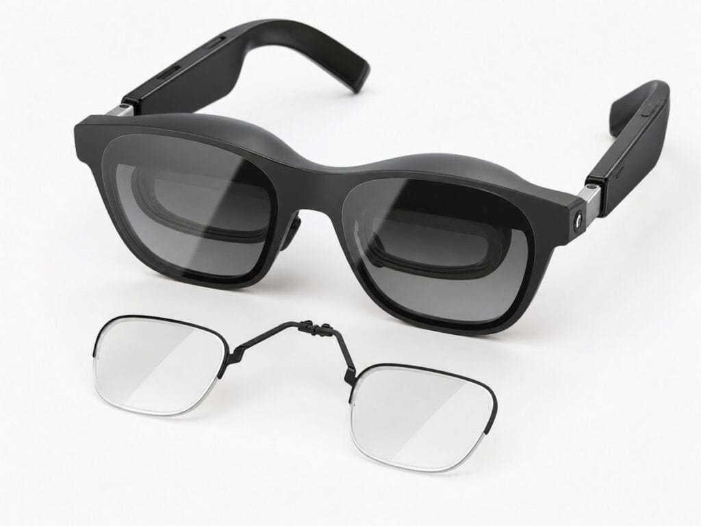 XREAL Air 2 Ultra glasses with one prescription lens insert aligned for installation