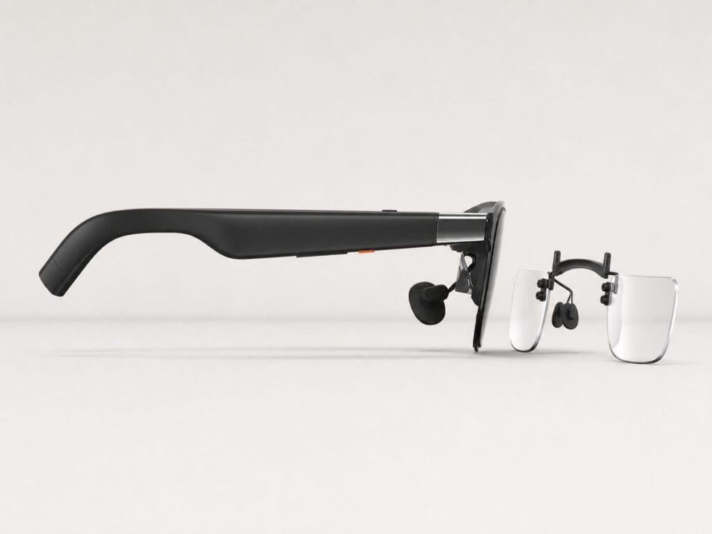 Side view of XREAL One Pro glasses with one matching prescription lens insert installed