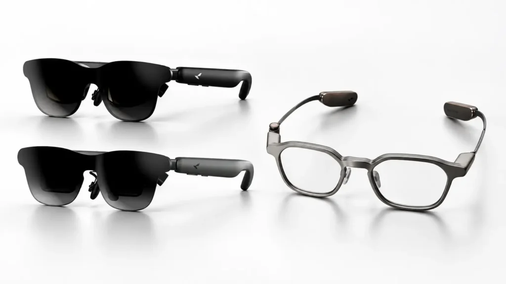RayNeo GT, GT Max and iO smart glasses shown together for design and size comparison.