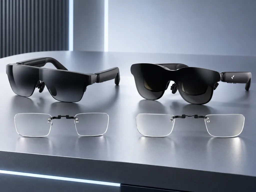 RayNeo GT and GT Max shown with their corresponding prescription lens inserts.