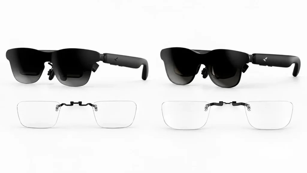 RayNeo GT and GT Max displayed with prescription lens inserts for glasses wearers.
