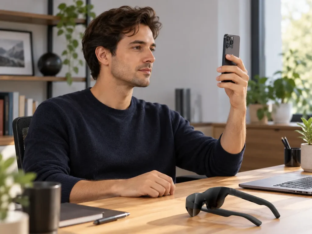 Person measuring interpupillary distance with a smartphone before choosing a RayNeo GT Max size.