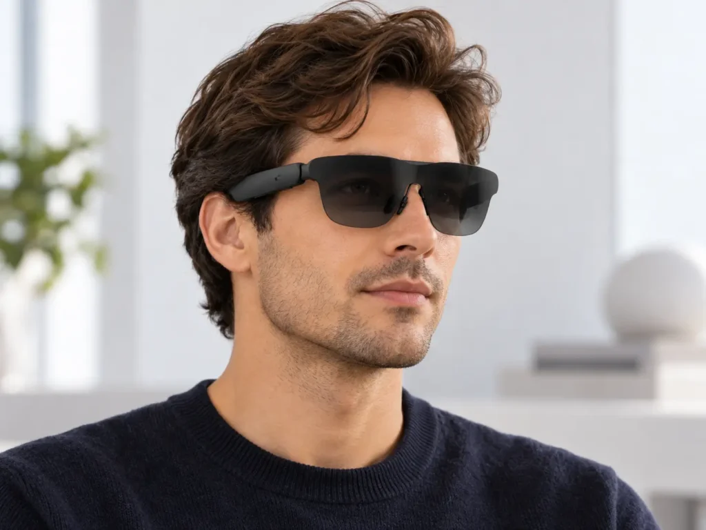 Front view of a person wearing RayNeo GT Max with the glasses centered naturally in front of the eyes.