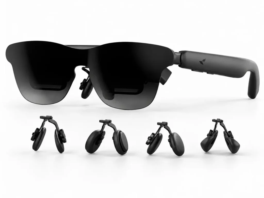 RayNeo GT Max glasses beside different nose pads showing the separate device fit components.
