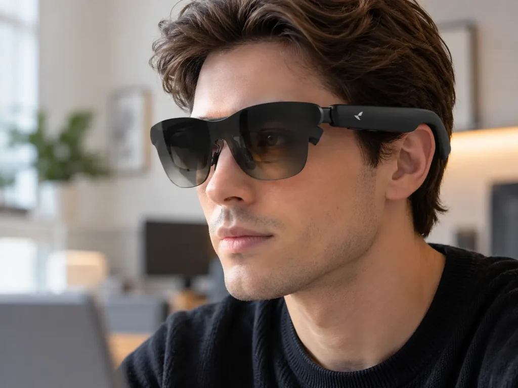 Person wearing RayNeo GT Max with a prescription insert showing the difference between prescription correction and device IPD fit.
