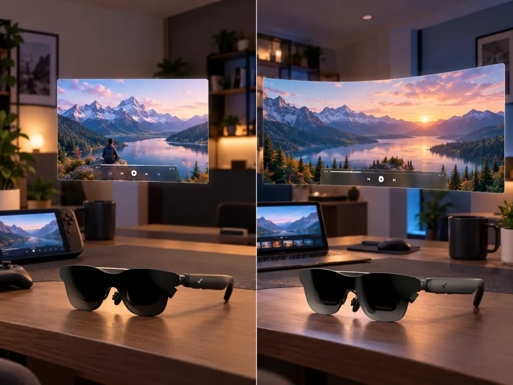 RayNeo GT and GT Max virtual display comparison showing their different field-of-view experiences.