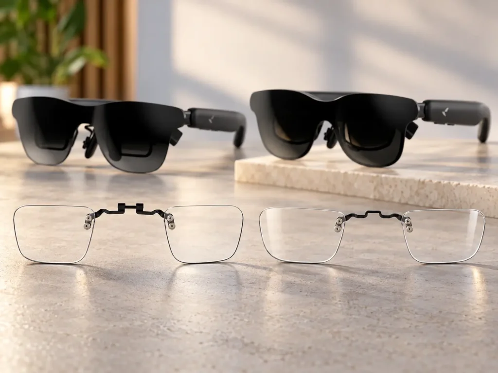 RayNeo GT and GT Max shown with separate prescription lens inserts.