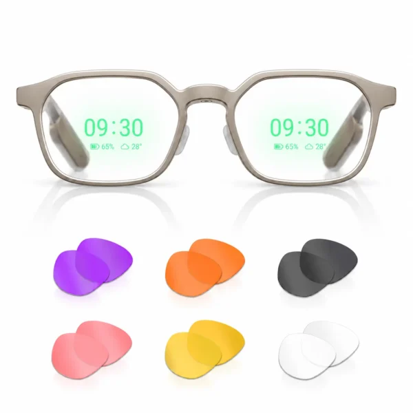 RayNeo iO AI Glasses with six custom prescription lens color options