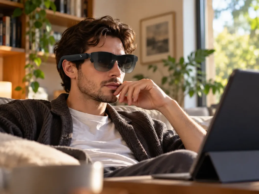 Person wearing RayNeo GT Max while checking screen clarity at a home-office desk.