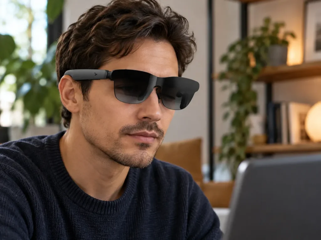 Person wearing RayNeo GT Max performing a one-eye visual clarity check while seated at a desk.